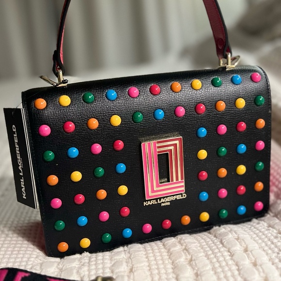 Karl Lagerfeld Handbags - NWT KARL LAGERFELD Black Candy Dot Studded Leather Simoné Flat Crossbody Bag